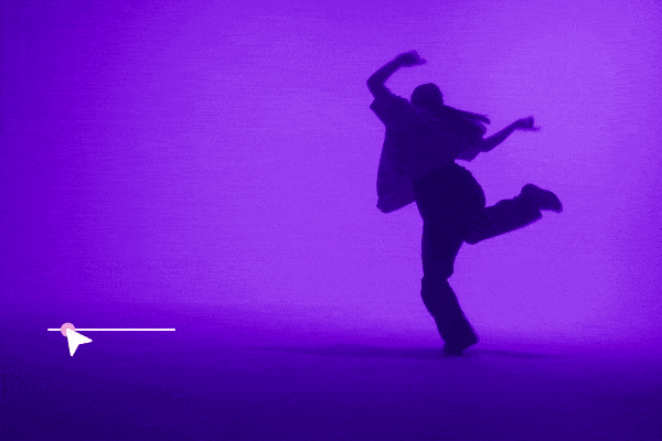 A silhouette of a dancer moving energetically against a vibrant purple background, with a progress slider indicating distortion effects, followed by a fire effect being added to a slice of orange, showcasing some of the effects available with Artlist's plugins.